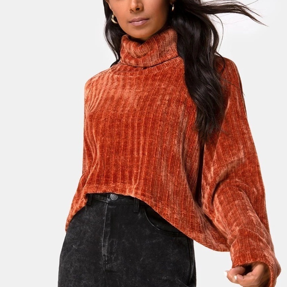 Altar'd State Cropped Chunky Crop Turtle Neck Burnt Orange Fall Sweater